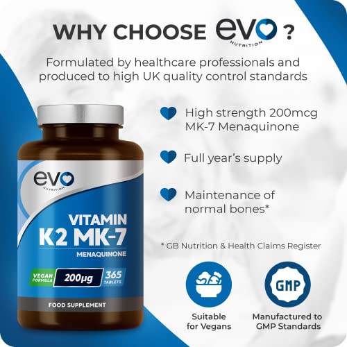 EVO NUTRITION Vitamin K2 MK-7 200mcg | 365 Vegetarian and Vegan Tablets EVO NUTRITION uk supplements