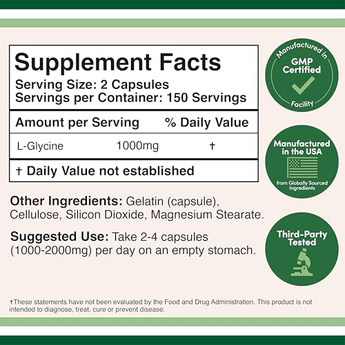 Glycine Supplement - 1,000mg Glycine Powder per Serving (300 Capsules) The Relaxing Amino Acid (Glicina) (Third Party Tested, Gluten Free, Non-GMO) by Double Wood Double Wood Supplements uk supplements