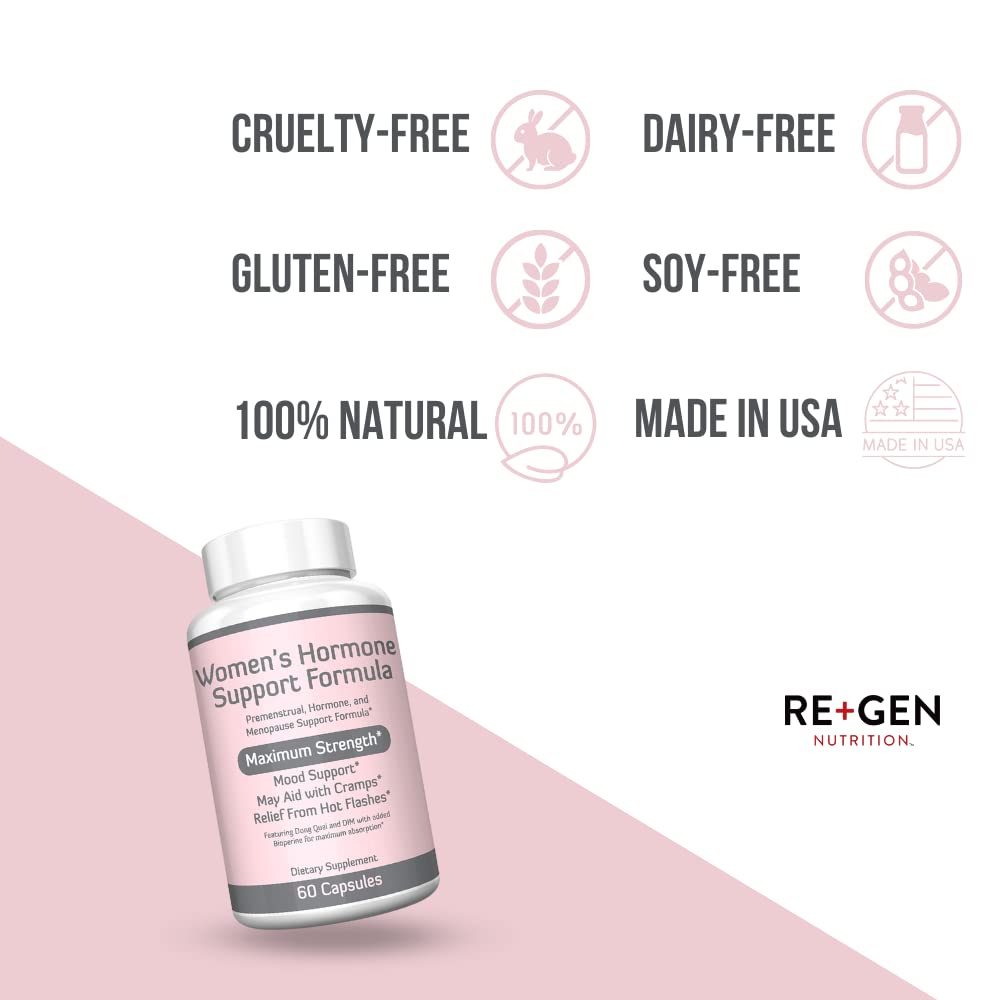 Re+Gen Nutrition Women's Hormone Balance Support, Supplement with Vitamin E, Dong Quai, and DIM 200mg with BioPerine, PMS, Hot Flashes, Mood Swings, Night Sweats Support, 60 Capsules, 2 Month Supply Re+Gen Nutrition uk supplements