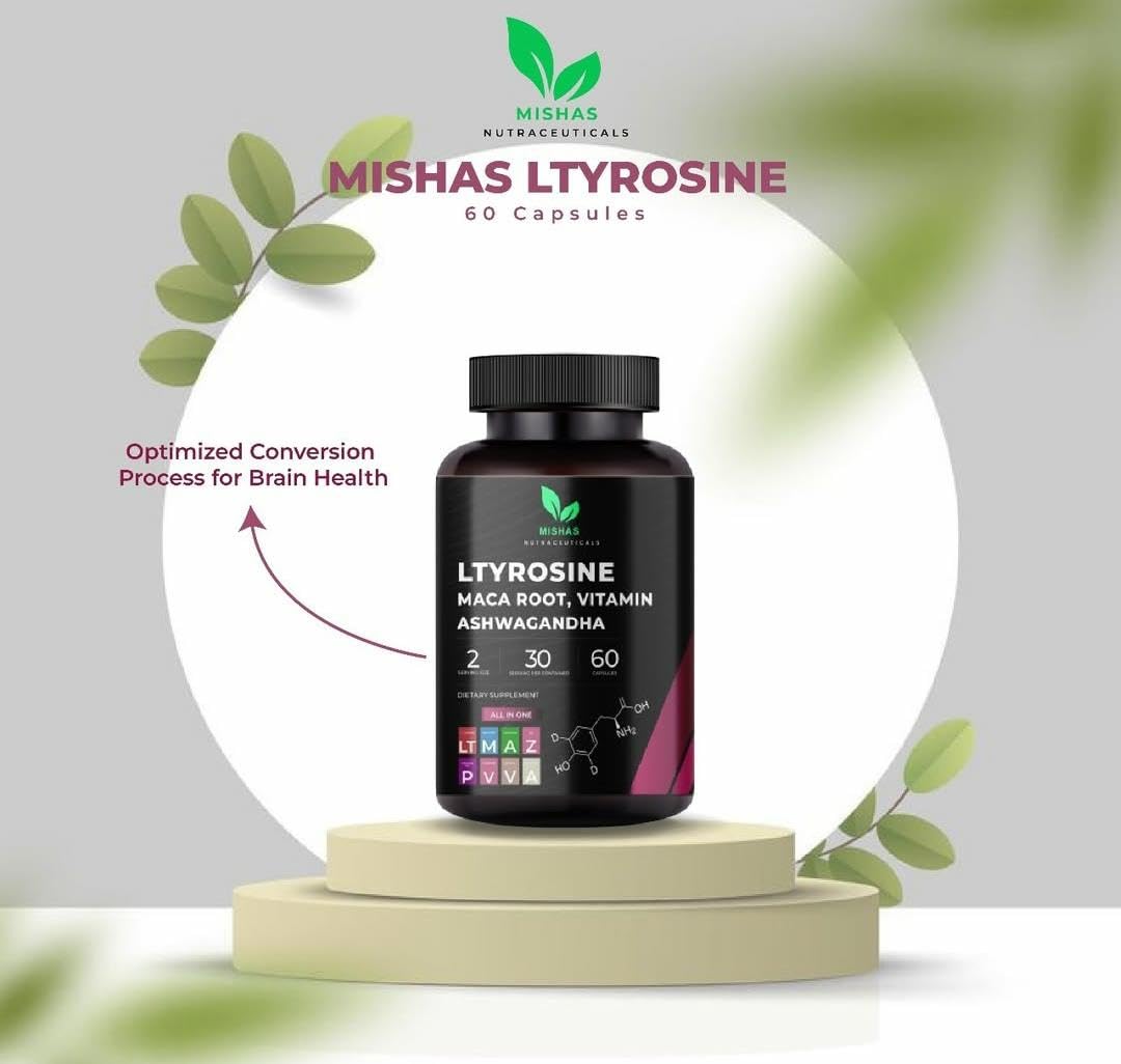 Mishas Nutraceuticals L-Tyrosine with Maca Root, Ashwagandha & Vitamins Complex – Energy, Mental Focus, Stress Relief & Immunity Support – 60 Capsules (30 Servings) Mishas uk supplements