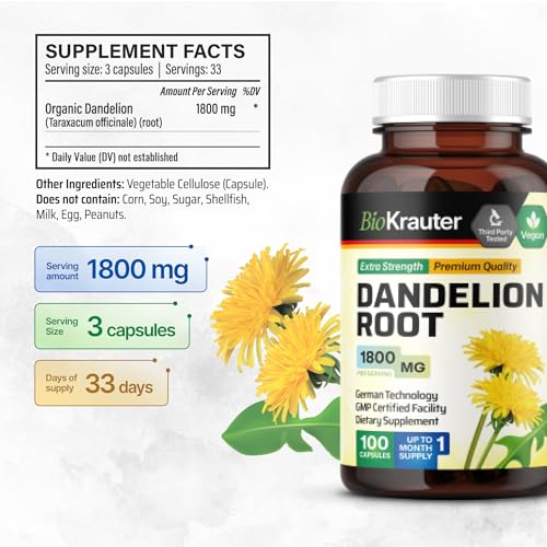 BIO KRAUTER Dandelion Root Capsules - Organic Dandelion Root Supplement - Vegan BIO KRAUTER uk supplements