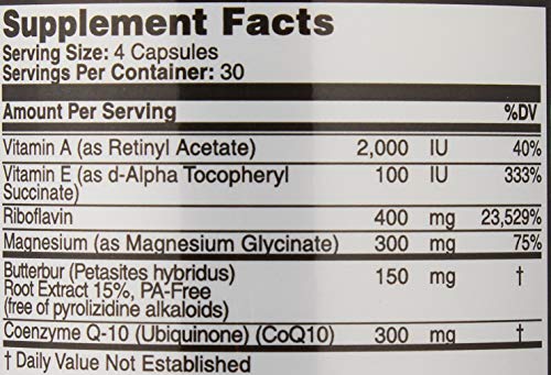 Migraine Relief, Quad-Formula with PA-Free Butterbur (150mg), CoQ10 (300mg), Magnesium Glycinate (300mg), High-Dose Riboflavin (400mg) - MigrA Zero (120 Caps) Optimal Dosing for Migraine Sufferers Iconis Bioceuticals uk supplements