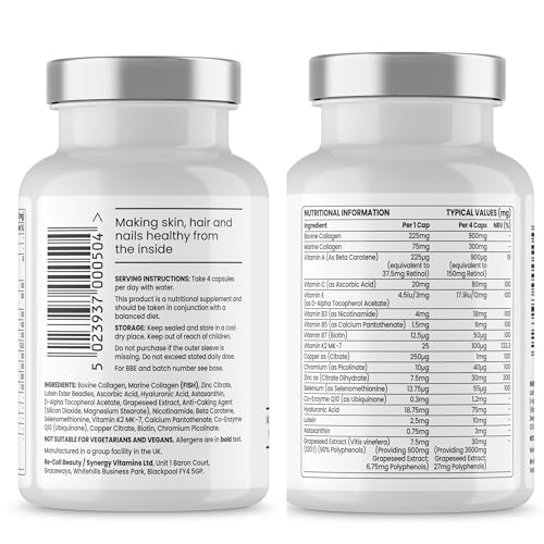 Re-Coll 1200mg Collagen Capsules - High Strength Supplement with Hyaluronic Acid - for Hair Skin Re-Coll uk supplements