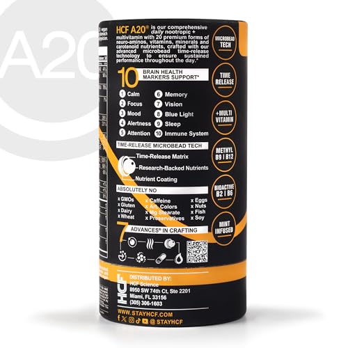 HCF A20 Microbead Brain Health Supplements for Adults for Memory, Focus, Calm, Mood, Alertness, Attention, Vision, Sleep, Immune System, 20 Premium Nootropic Nutrients Multivitamin & 7 Advances® Tech HCF uk supplements