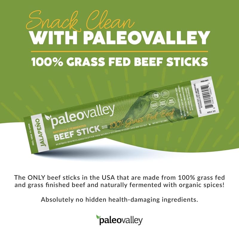Paleovalley 100% Grass Fed Jalapeno Beef Sticks - Delicious Gluten Free Beef Snack - High Protein Keto Friendly Paleovalley uk supplements
