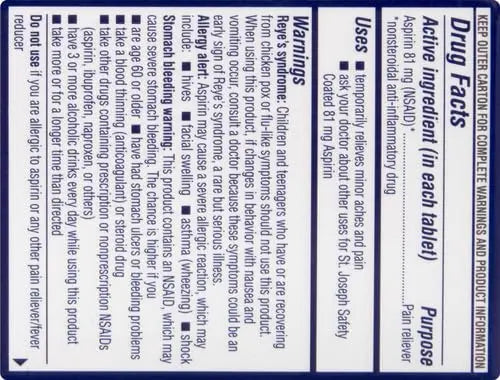 St. Joseph Aspirin Pain Reliever (NSAID) 81mg, Enteric Safety Coated, Adult Low Dose Regimen, 36 ct St. Joseph uk supplements