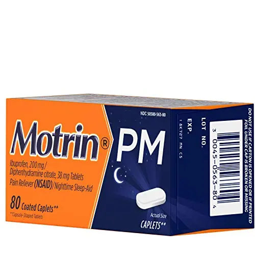 Motrin PM Caplets with 200 mg Ibuprofen & 38 mg Diphenhydramine Sleep Aid, Nighttime Pain Reliever for Minor Aches & Pains, Bulk, 80 ct Motrin uk supplements