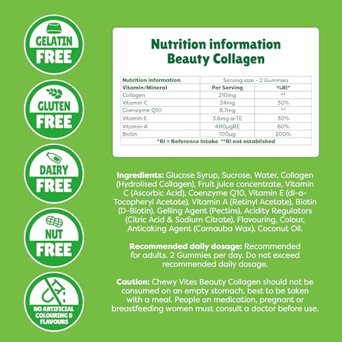 Chewy Vites Beauty Collagen 60 Gummy Vitamins |Hydrolised Collagen, CoQ10, Biotin + Vitamins | 1 Month Supply | Real Fruit Juice | Berry Flavour | 2-a-Day | CHEWY VITES uk supplements