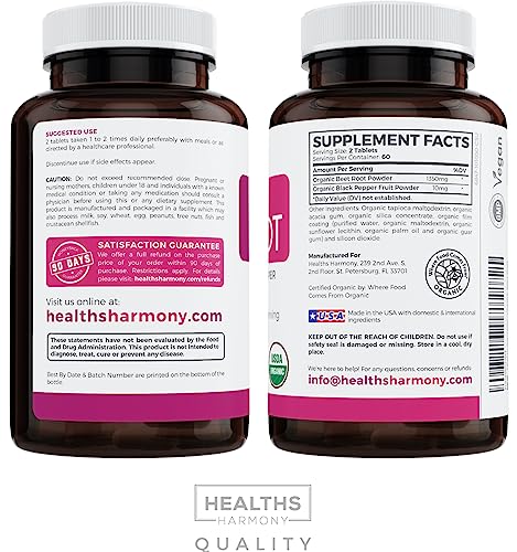 USDA Organic Beet Root Powder (120 Tablets) 1350mg Beets Per Serving with Black Pepper Healths Harmony uk supplements