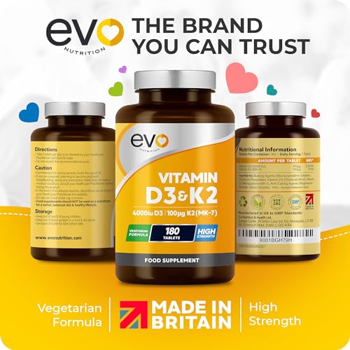 Vitamin D3 4000iu & Vitamin K2 100ug (MK7) |180 Vegetarian Tablets | 1-A-Day | 6 Month EVO NUTRITION uk supplements