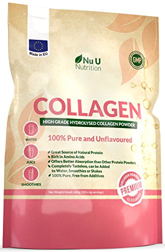 Collagen Powder 600g - 100 Servings - High Grade Pure Bovine 100% - Collagen Peptides Hydrolysate Nu U Nutrition uk supplements