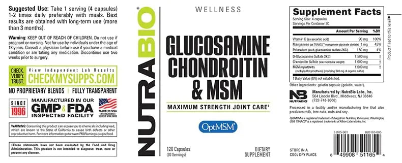 NutraBio Glucosamine Chondroitin & OptiMSM Supplement, Joint Support Formula - 120 Capsules (120 Count) NutraBio uk supplements