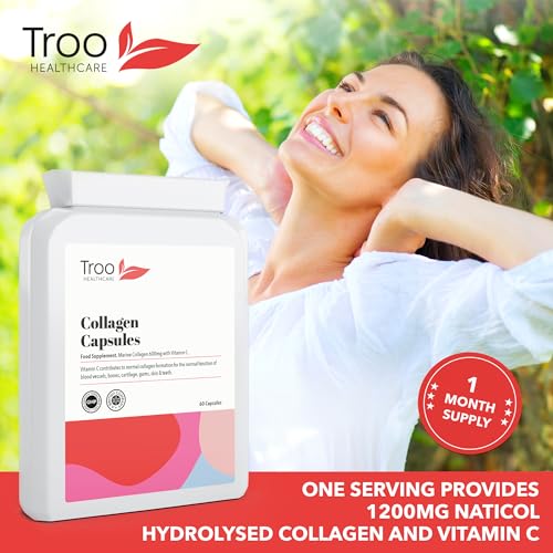 Troo Marine Collagen Supplement - 60 High Strength Capsules 1200mg Serving - Hydrolysed Marine Collagen Peptides with Vitamin C Troo Health Care uk supplements