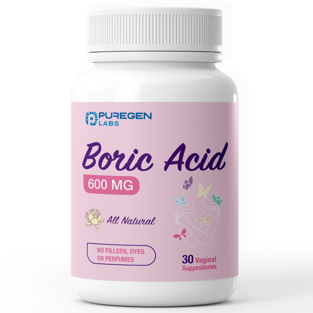 Puregen Labs Boric Acid 600 mg Vaginal Suppositories - 100% Pure | All Natural Without Dyes or Fillers | Made in USA - Supports Vaginal pH Balance and Odor Control (30 Count) P Puregen Labs uk supplements
