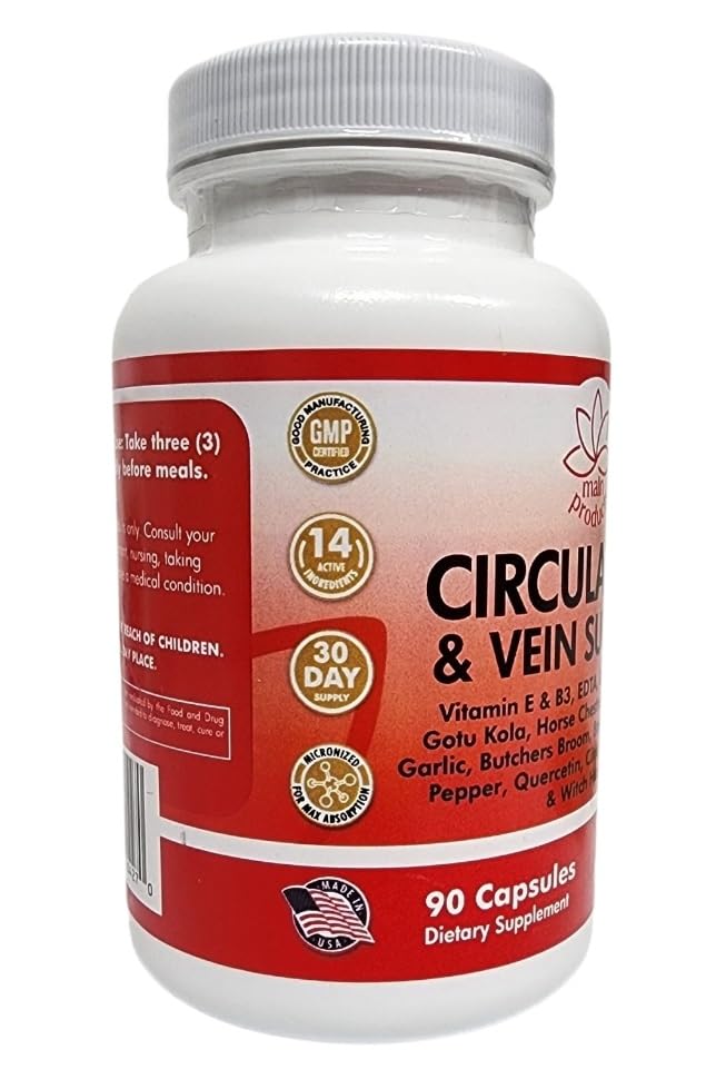 Circulation & Vein Support Supplement - Vitamins E & B3, Ginkgo Biloba, Horse Chestnut, Gotu Kola, Grape Seed, Butcher's Broom & Citrus Bioflavonoids - 1979 mg Formula - 90 Capsules - 30 Days Supply. Main Products uk supplements