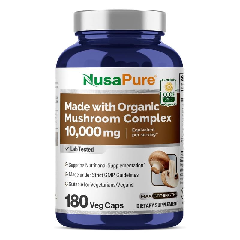 NusaPure Organic Mushroom Complex 10,000mg per Capsule, 180 Veggie Caps, Non-GMO, Enoki, Turkey Tail, Reishi, Chaga, Maitake NusaPure uk supplements