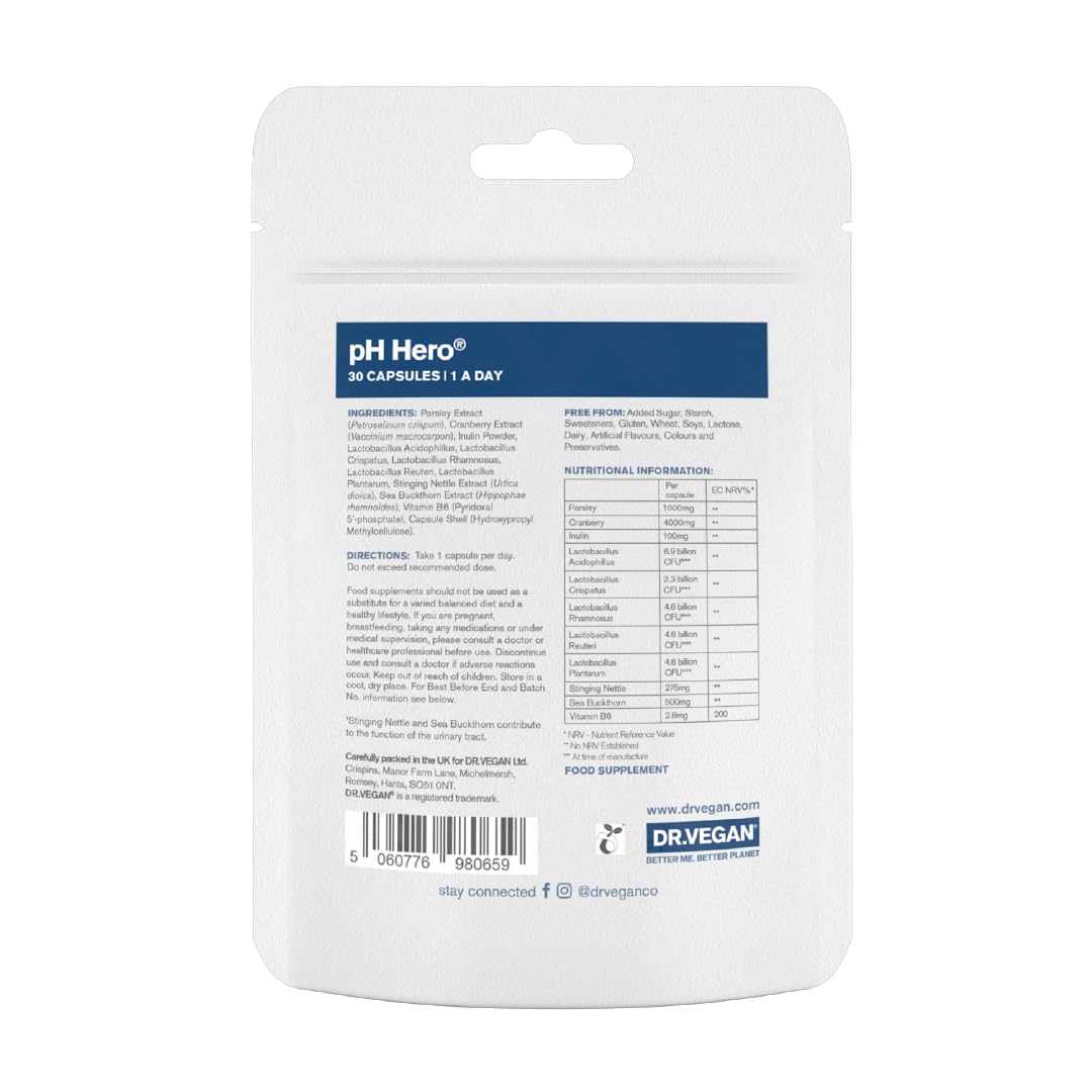 DR.VEGAN | pH Hero | Supports Balanced Vaginal Flora | 50bn CFU | Cranberry | Sea Buckthorn dr vegan uk supplements