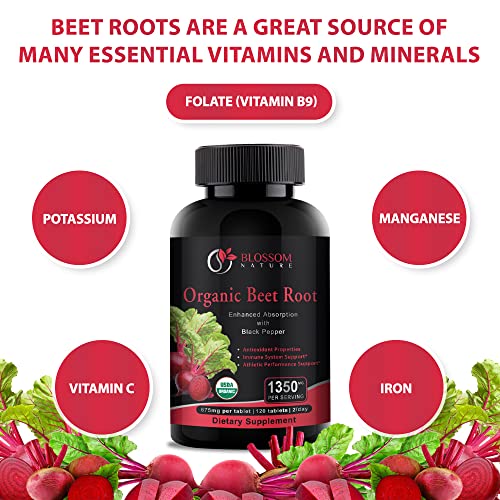 Organic Beet Root Powder 1350mg with Black Pepper-Nitric Oxide Booster, Digestive System Blossom Nature uk supplements