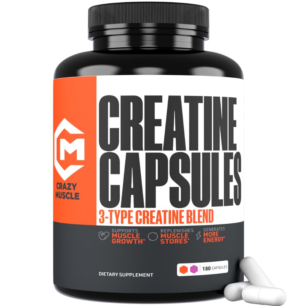 Creatine Capsules, 5g Premium 3X ThreeAtine Pre Workout Bulk Muscle Mass Gainer, High Absorption Easy to Take Creatine Monohydrate Pills Alternative Optimum Performance for Men Women, 180 Capsules Crazy Muscle uk supplements