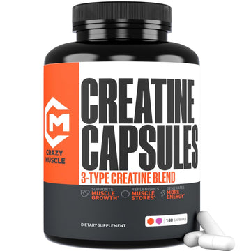 Creatine Capsules, 5g Premium 3X ThreeAtine Pre Workout Bulk Muscle Mass Gainer, High Absorption Easy to Take Creatine Monohydrate Pills Alternative Optimum Performance for Men Women, 180 Capsules Crazy Muscle uk supplements