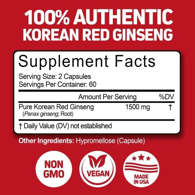 Herbtonics Korean Red Panax Ginseng 1500mg - Energy Supplement for Peak Performance, Focus & Vitality - High Potency Ginseng Root Extract - 120 Vegan Capsules Herbtonics uk supplements