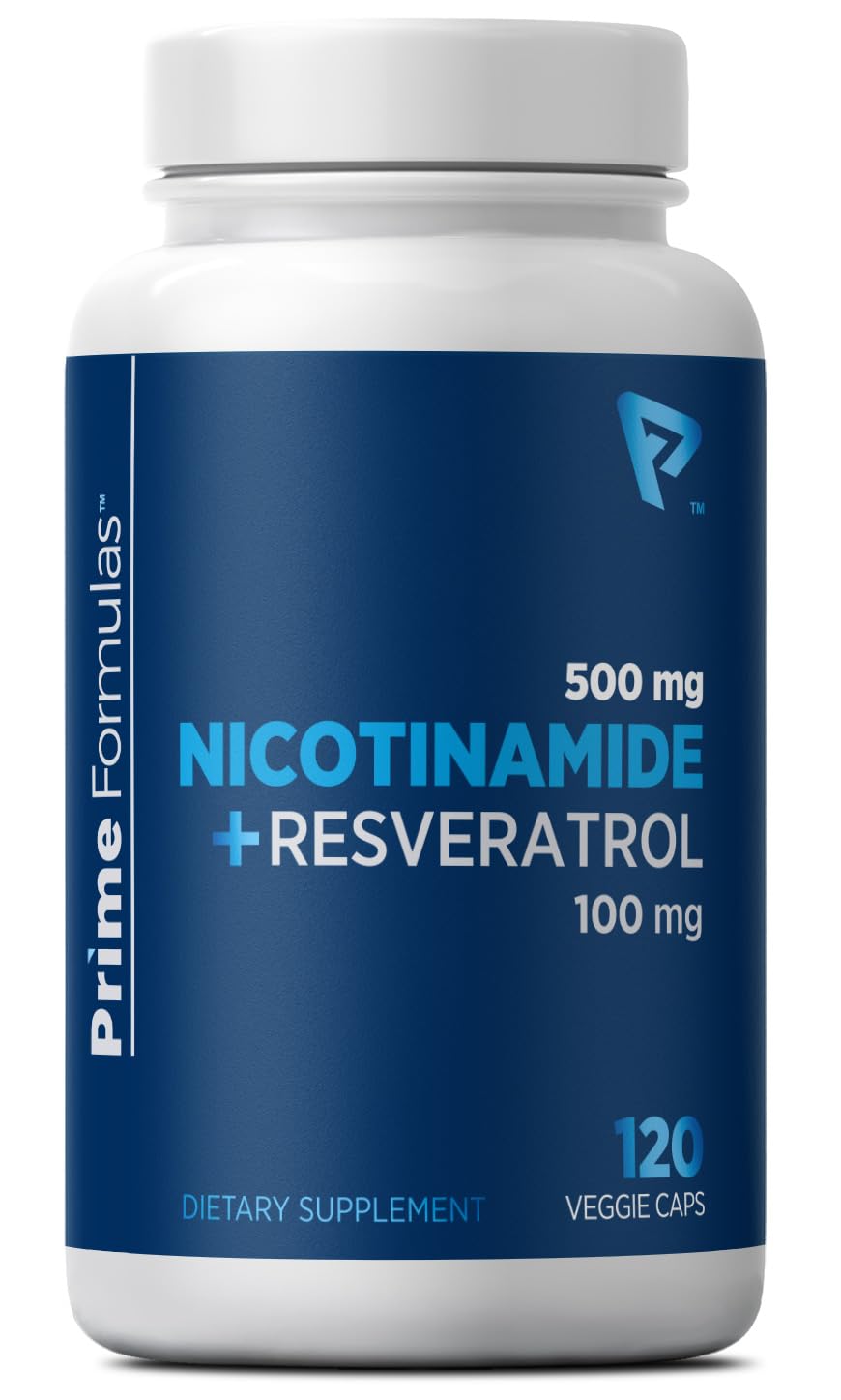 Nicotinamide 500 mg with Resveratrol 100 mg 120 Veggie Capsules - Non-GMO Vitamin B3, Supports Metabolic Health, NAD+, Skin Cell & Mitochondrial Energy Production. Made in USA for Men and Women Prime Formulas uk supplements