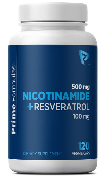 Nicotinamide 500 mg with Resveratrol 100 mg 120 Veggie Capsules - Non-GMO Vitamin B3, Supports Metabolic Health, NAD+, Skin Cell & Mitochondrial Energy Production. Made in USA for Men and Women Prime Formulas uk supplements