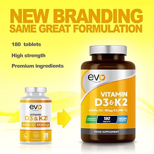 Vitamin D3 4000iu & Vitamin K2 100ug (MK7) |180 Vegetarian Tablets | 1-A-Day | 6 Month EVO NUTRITION uk supplements
