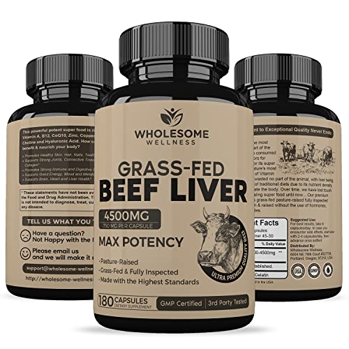 Grass Fed Desiccated Beef Liver Capsules (180 Pills, 750mg Each) - Natural Iron, Vitamin A Wholesome Wellness uk supplements