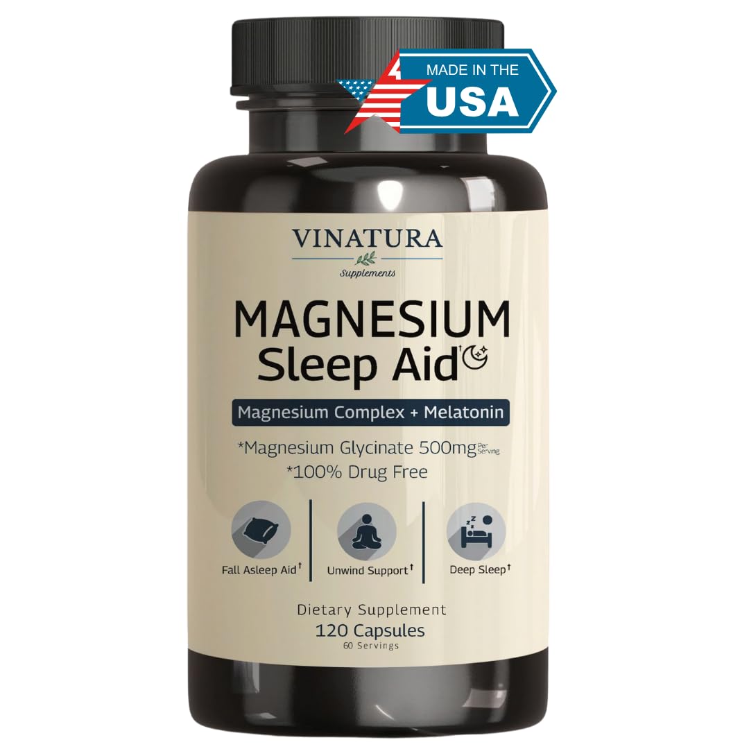 Magnesium Sleep Aid - Magnesium Glycinate Complex for Sleep with Melatonin Supplement - Glycinate 500mg, L-Theanine - 120 Capsules VINATURA uk supplements