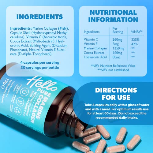 Marine Collagen Capsules - 1855mg - 120 Capsules - Enriched with Hyaluronic Acid & Vitamins C & E Hello Pure uk supplements