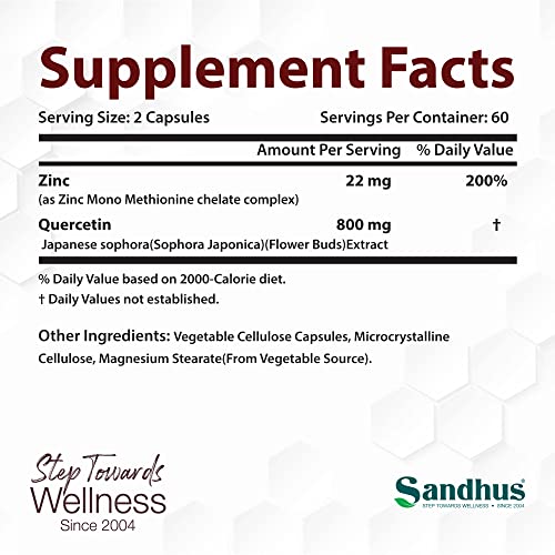 Sandhu's Zinc Quercetin 120 Vegetarian Capsules – Zinc Supplements for Antioxidant Sandhu's uk supplements