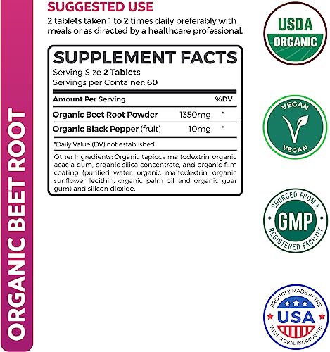 USDA Organic Beet Root Powder (120 Tablets) 1350mg Beets Per Serving with Black Pepper Healths Harmony uk supplements