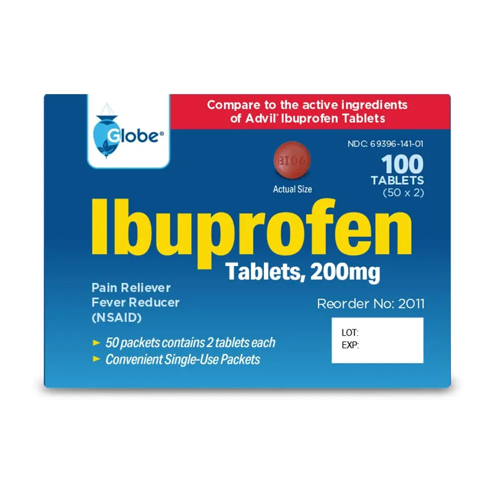 Globe Ibuprofen Tablets, 200 mg, Pain Reliever and Fever Reducer, for Headache, Muscular Aches, Arthritis, Backache and More 50 Packets of 2 Tablets Each,100 Tablets Trifecta Pharmaceuticals USA uk supplements