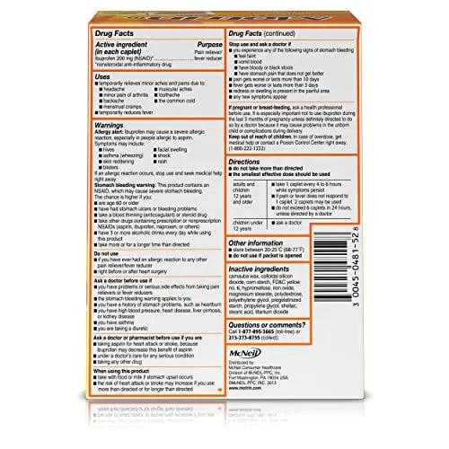 Motrin IB, Ibuprofen 200mg Tablets, NSAID Pain & Fever Reliever for Headache, Backache, Muscular Aches, Arthritis Pain Reliever, 50 Travel Packets of 2, 100 ct Motrin uk supplements