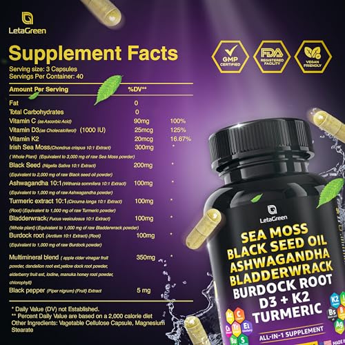 LetaGreen Irish Sea Moss Capsules – 120 Wildcrafted Sea Moss Pills with Black Seed Oil LetaGreen uk supplements