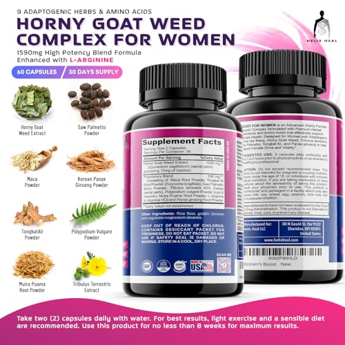 Helix Heal Libido Booster for Women Fast Acting with Horny Goat Weed - Female Desire Pills with Maca Root, Tribulus Terrestris, Ginseng and Hornygoatweed Women - Hormone Balance, Made in USA (60 ct) Helix Heal uk supplements