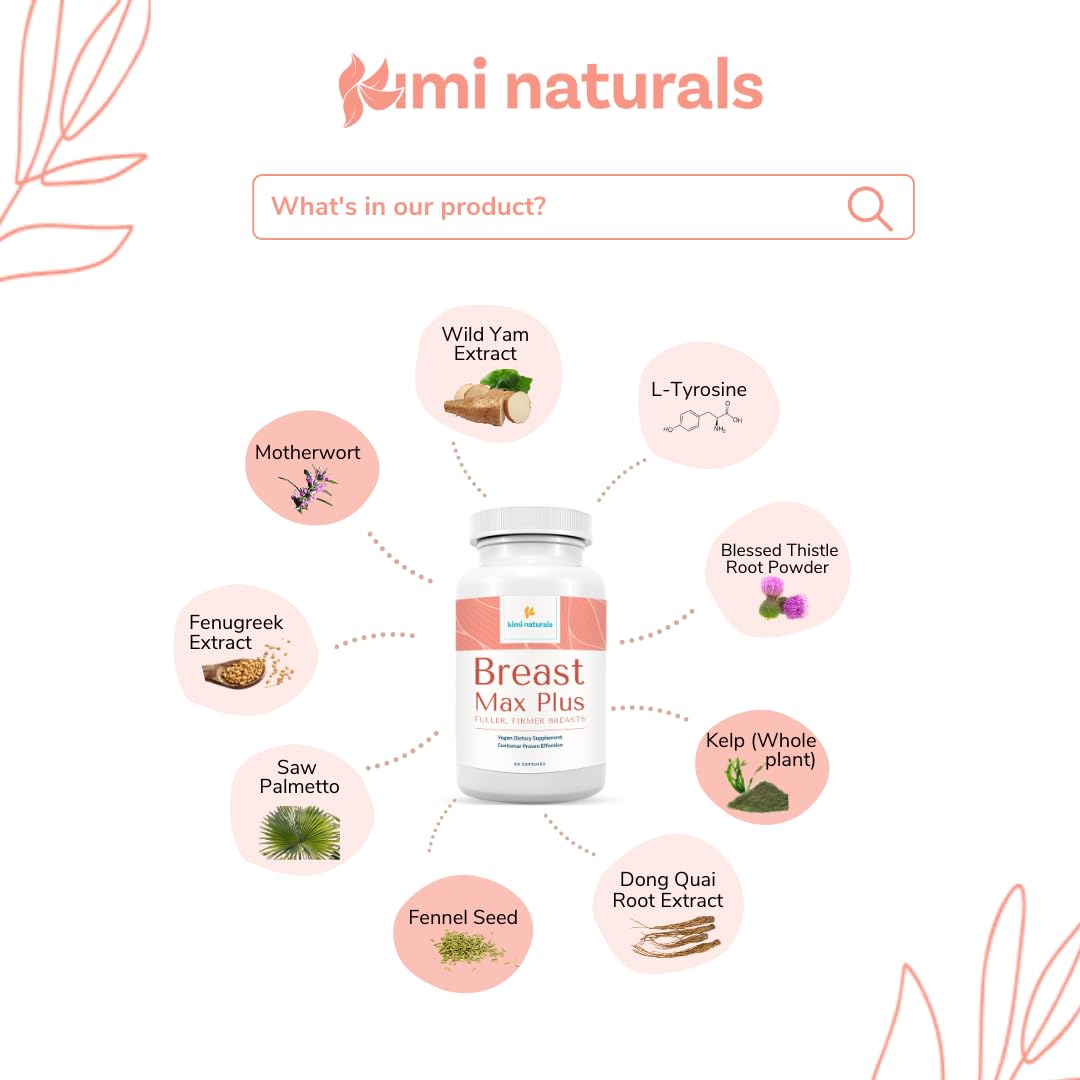 KIMI Naturals Breast Max Plus - Breast Enhancement Pills | Breast Enlargement Supplements with Fenugreek, Breast Growth, Supports Breast Firmness | 90 Capsules KIMI uk supplements