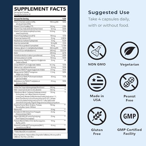 LifeSeasons Men's Multivitamin – High Potency with 21 Vitamins & Minerals, PureWay-C®, NAD+, Active B-Vitamins, TRAACS® Chelates, enXtra® for Energy, Probiotics & Mushrooms – 120 Veg Capsules LifeSeasons uk supplements