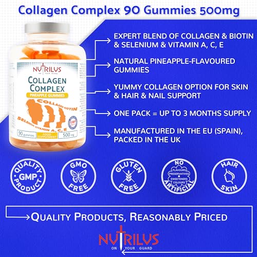 Collagen Complex 90 Natural Pineapple Gummies 500mg - Large Pack - with Biotin & Selenium Nutrilus uk supplements