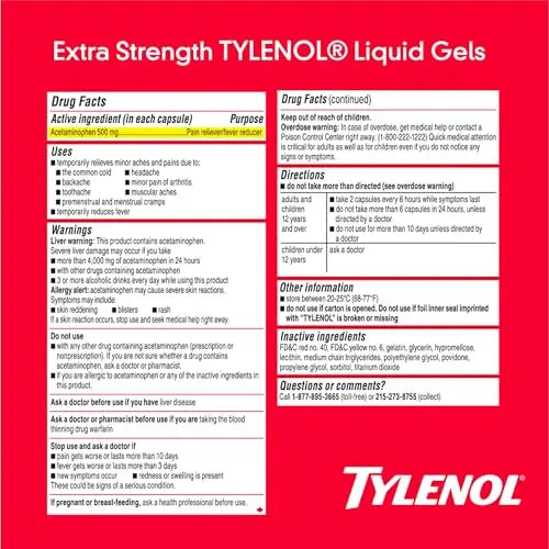 Tylenol Extra Strength Liquid Gels, Fast, Strong Pain Relief, Fever Reducer for Adults with 500 mg Acetaminophen, Fast-Acting Liquid Gel Capsules for Headaches & Minor Pain Relief, 40 Count Tylenol uk supplements