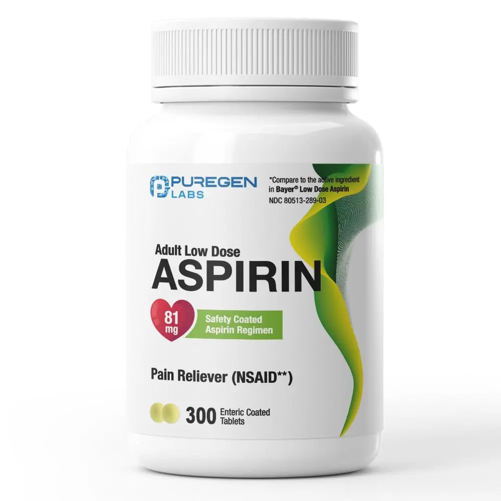 Puregen Labs Aspirin 81 mg Low Dose (NSAID) – 300 Enteric Coated Tablets P Puregen Labs uk supplements
