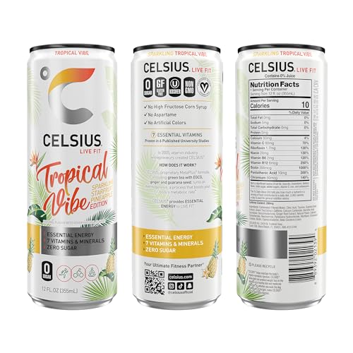 CELSIUS Sparkling Tropical Vibe, Functional Essential Energy Drink 12 Fl Oz (Pack of 12) CELSIUS uk supplements