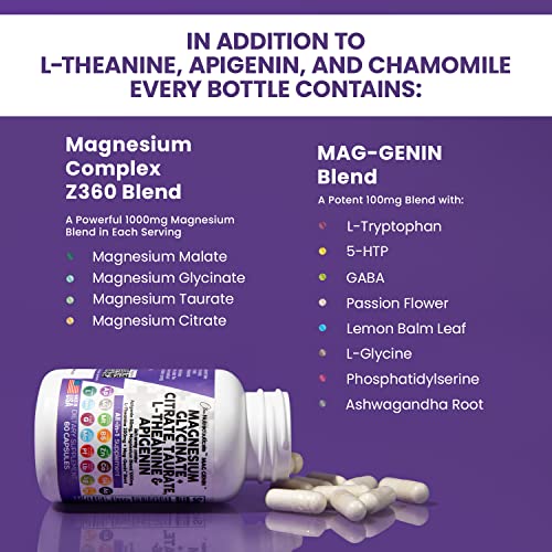 Magnesium Glycinate Complex 1000mg with L-Theanine 200mg Apigenin 50mg Citrate Taurate Supplement - 5-HTP GABA Passion Flower Lemon Balm L-Glycine Phosphatidylserine Ashwagandha - USA Made Clean Nutra Clean Nutraceuticals uk supplements