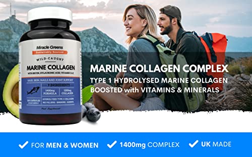 Marine Collagen 1400mg | 120 Capsules with Biotin, Hyaluronic Acid, Vitamin C, E, B2, Zinc, Copper & Iodine Miracle Greens uk supplements