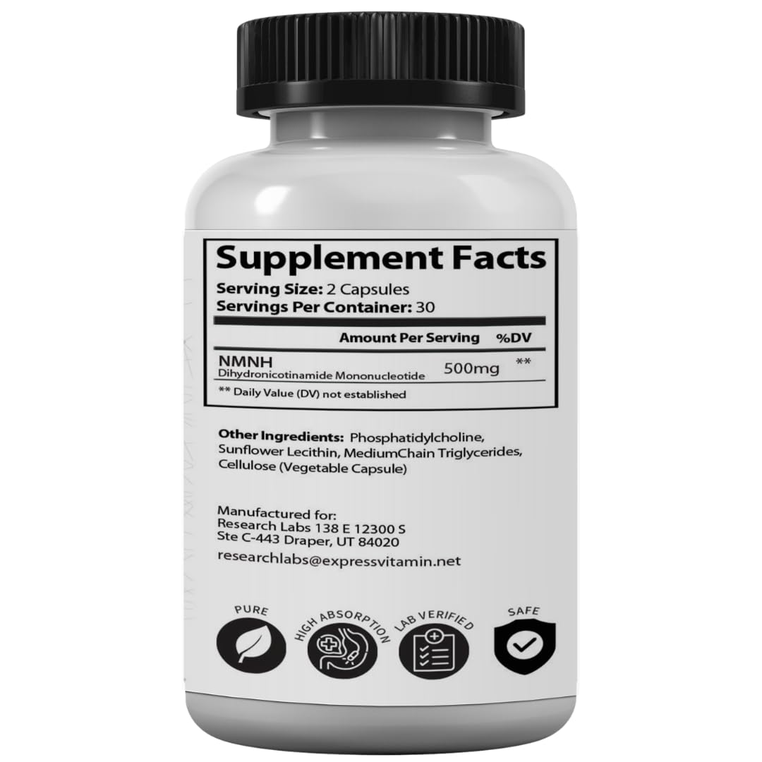 Research Labs Liposomal NMNH (NMN Supplement Alternative) 500mg Per Serving | 60 Capsules (Dihydronicotinamide Mononucleotide) NAD Supplement to Boost NAD+ Levels for Anti Aging Research Labs uk supplements