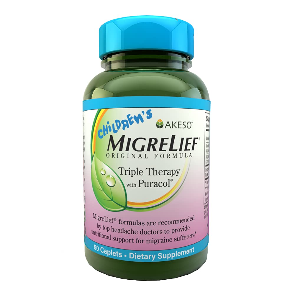 Children's MigreLief® - Triple Therapy with Puracol™ - Nutritional Support for Pediatric Migraine Sufferers - 60 Caplets/1 Month Supply MigreLief uk supplements