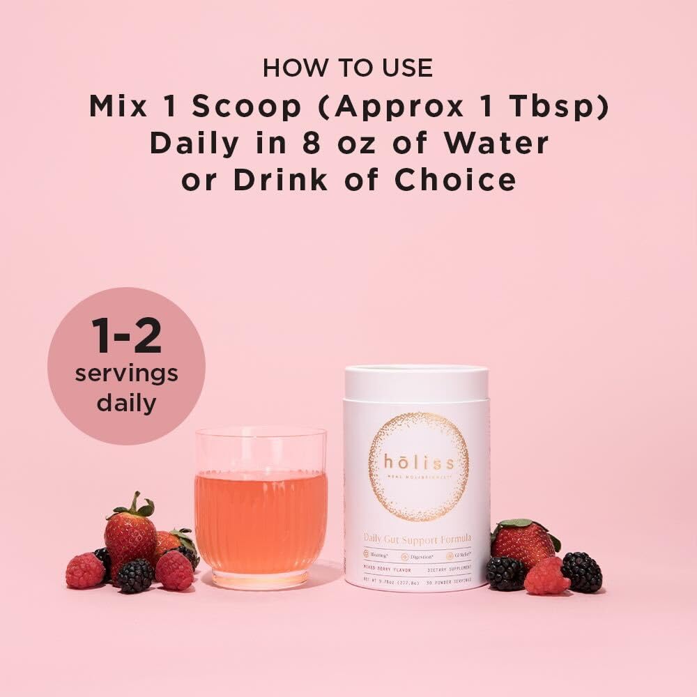 HOLISS Daily Gut Health Kit – 6-in-1 All Natural Supplement, Bloat & Gas Aid, GI Lining Repair, IBS Support – Lemon Balm, L-Glutamine, PepZinGI, Mixed Berry, 30 Servings, Electric Mixer & Spoon HOLISS uk supplements
