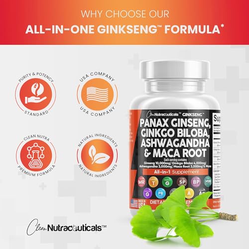 Panax Ginseng 10000mg Ginkgo Biloba 4000mg Ashwagandha Maca Root Clean Nutraceuticals uk supplements