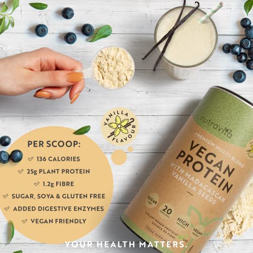 Vegan Protein Powder - Vanilla Flavour - Plant-Based High Protein Powder - 25g Protein per 36g Serving Nutravita uk supplements